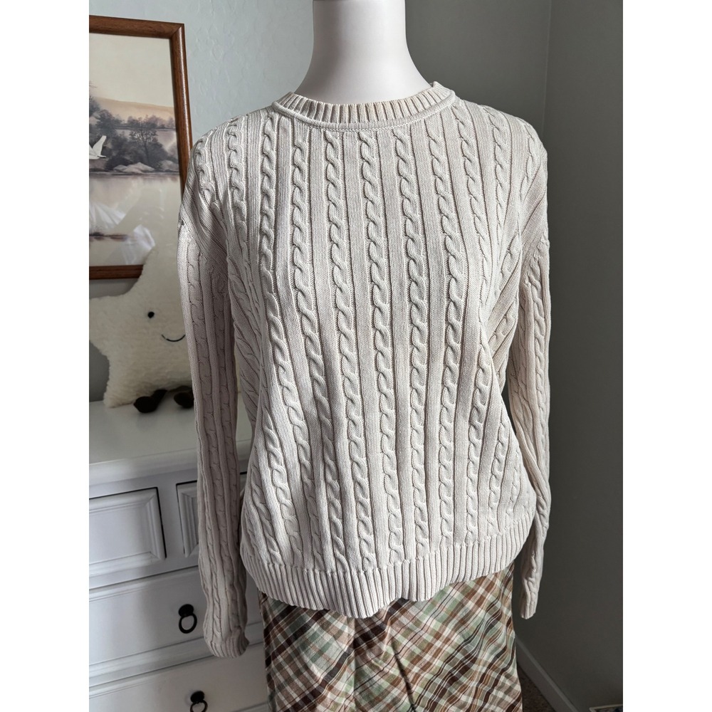 Cable Knit Cotton Sweater Cream Beige Preppy Coastal Crewneck Croft & Barrow M